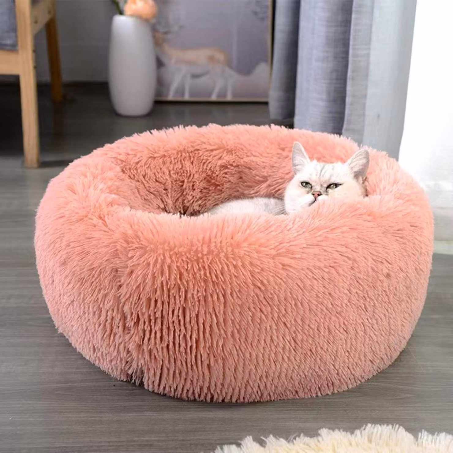 Cuccia per cani a forma di ciambella, in peluche, lavabile, rotonda, rosa, 50 cm