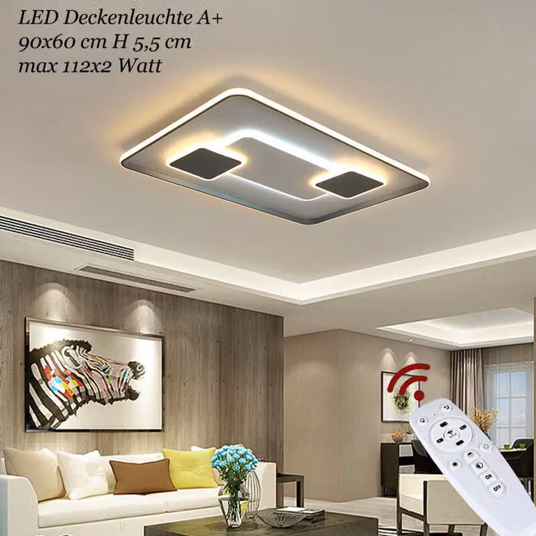 Eurotondisplay Plafoniera LED Plafoniera 9641CFX, 90x60 cm 224W Telecomando Colore della luce/luminosità regolabile dimmerabile Montatura in metallo verniciato bianco/grigio A+