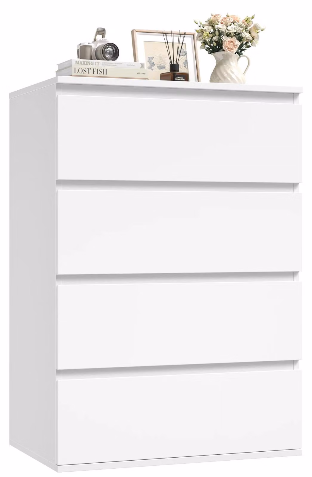 Comodà 60x40x80 cm - Comodà a cassetti per camera da letto - 4 cassetti - In legno, stile moderno minimalista - Per soggiorno e ingresso - Bianco
