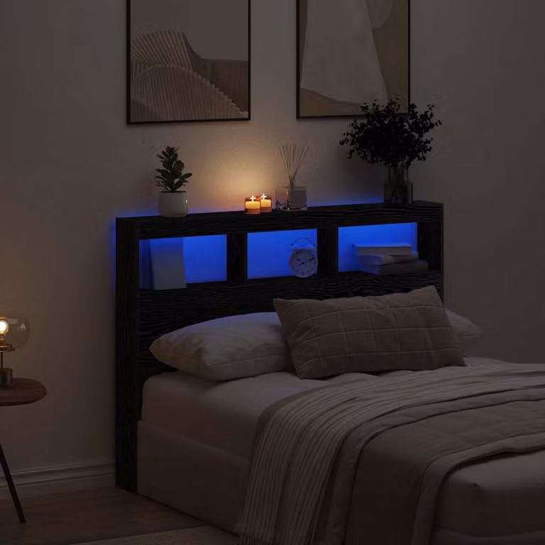 Testiera con Contenitore vidaXL in Rovere Nero con Illuminazione LED, Ripiano Integrato e Porta USB, L/P/H: 140 x 17 x 102 cm