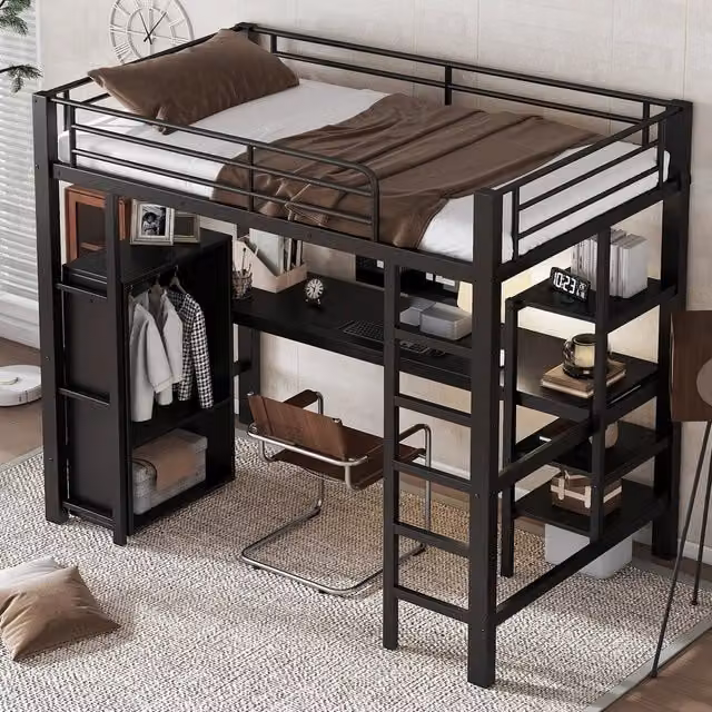 Letto a soppalco 90 × 200 cm con scrivania, armadio, 3 mensole e scala a 5 gradini, senza materasso, nero