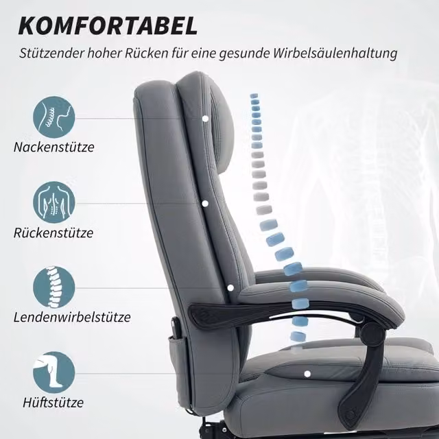Sedia da ufficio executive REDOM con massaggio e funzione reclinabile in microfibra grigia L/P/H: 64 x 69 x 112-120 cm