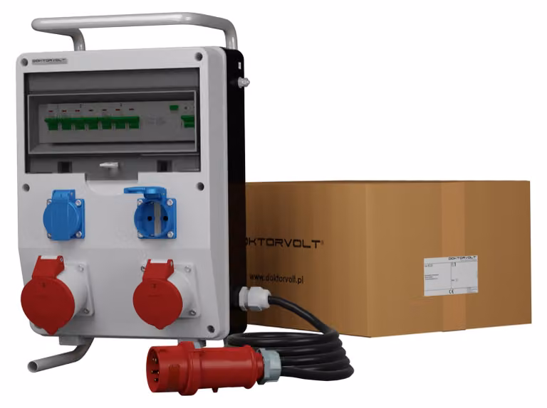 Pannello di distribuzione elettrico per impianti industriali, 32A/16A, montato su telaio, con cavi, 2x230V, con interruttore differenziale (salvavita) e interruttore magnetotermico, modello Doktorvolt ECO-S/FI, codice SKHU 0403