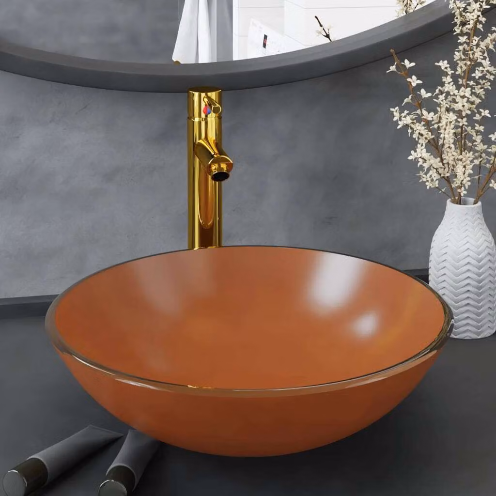 The Living Store Lavandino da bagno con rubinetto e scarico a scomparsa Vetro temperato marrone
