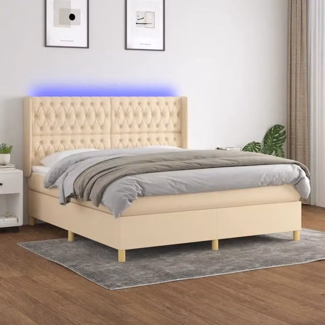 Letto a Molle con Materasso e LED Crema 160x200 cm in Tessuto 3139130