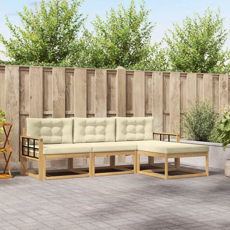 vidaXL Set di divani da esterno a L con pouf, struttura in legno di acacia e cuscini in poliestere bianco e beige