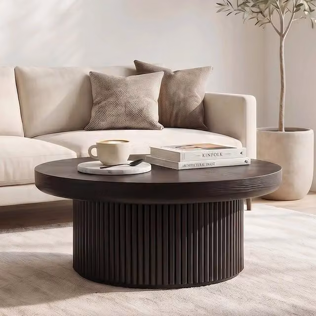 Tavolino da caff¨¨ rotondo ¨C Minimal ¨C nero, legno effetto parquet, struttura cilindrica, 78x78x45