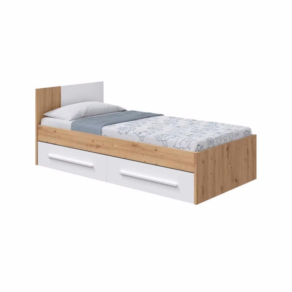 Letto singolo contenitore Azalia DMORA con testiera e 2 cassettoni, Rovere nodi e Bianco, L: 196 cm, P: 90 cm, H: 41-97 cm – 2