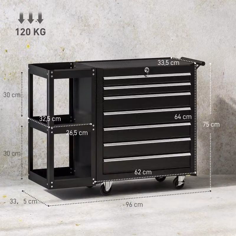 Carrello portautensili REDOM nero con 7 cassetti, ripiano laterale e ruote, L: 68 cm, P: 39,5 cm, H: 73 cm – 2