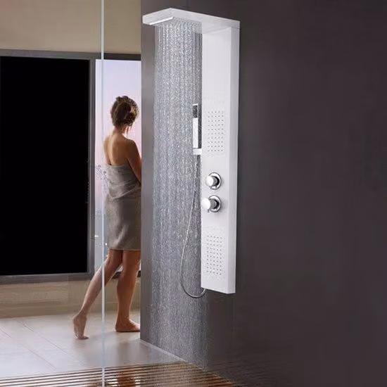 Cabina doccia – Doccia – Set per cabina doccia – Sistema per cabina doccia – Accessori per doccia – Alluminio nero – 4 soffioni doccia con funzione massaggio e pioggia – Ugelli in silicone resistenti al calcare