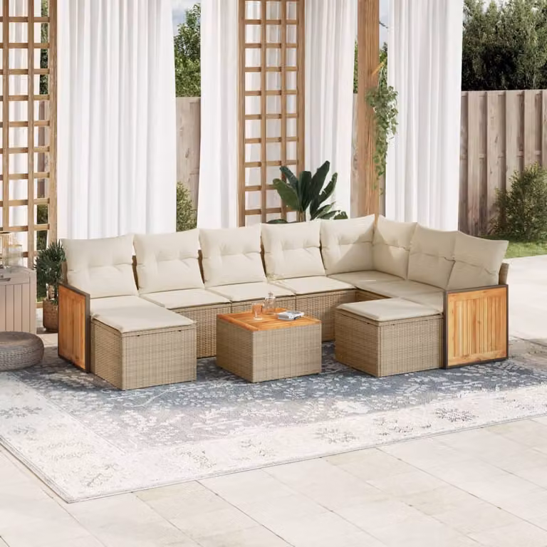 Set Divano da Giardino vidaXL 10 pz in Polyrattan con Cuscini Beige e Tavolino da Caffè