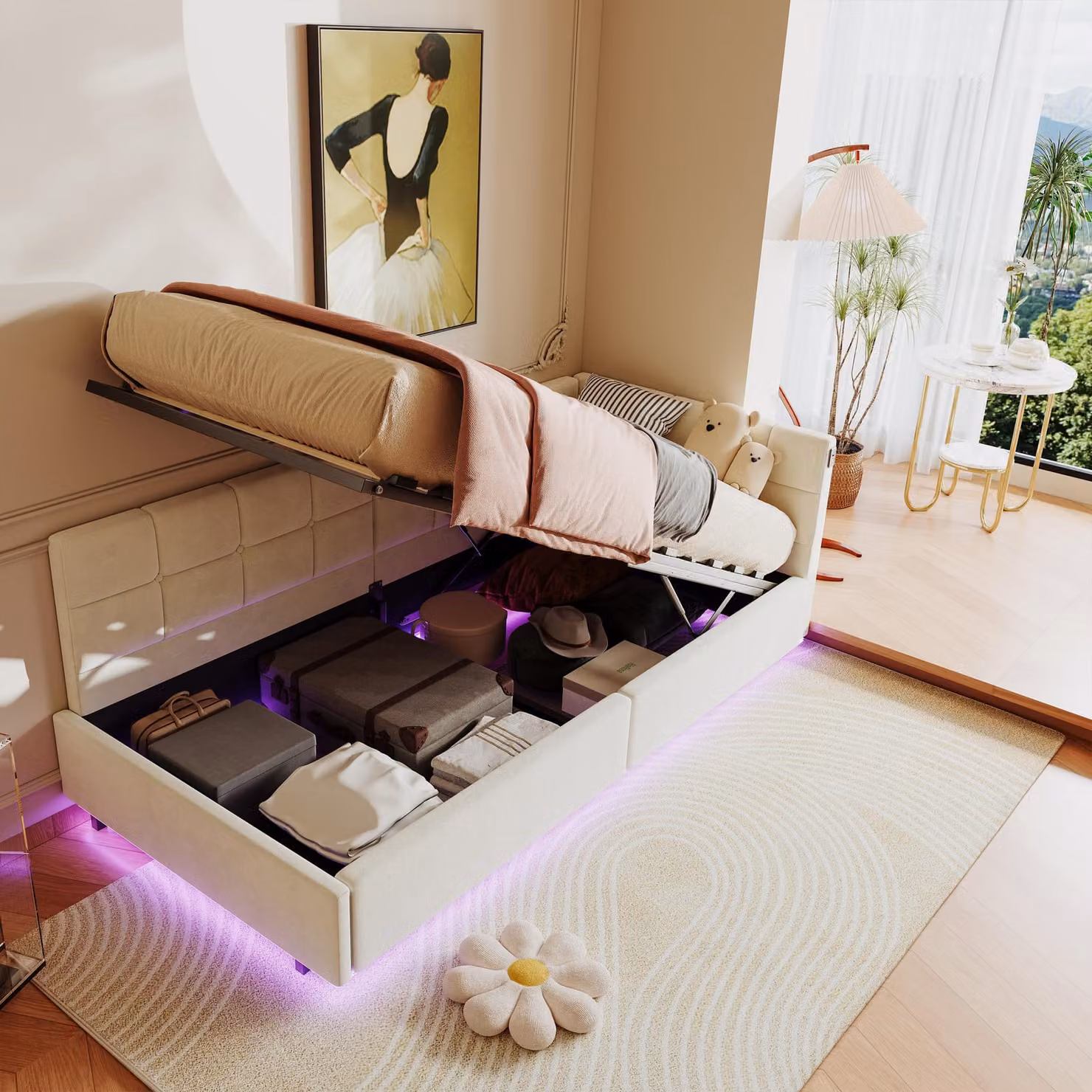 Fortuna Lai divano letto imbottito 90x200 con prese USB e contenitore idraulico, letti 90x200 con LED e rete a doghe, letto per ragazzi, letto per ospiti, velluto, beige (senza materasso)
