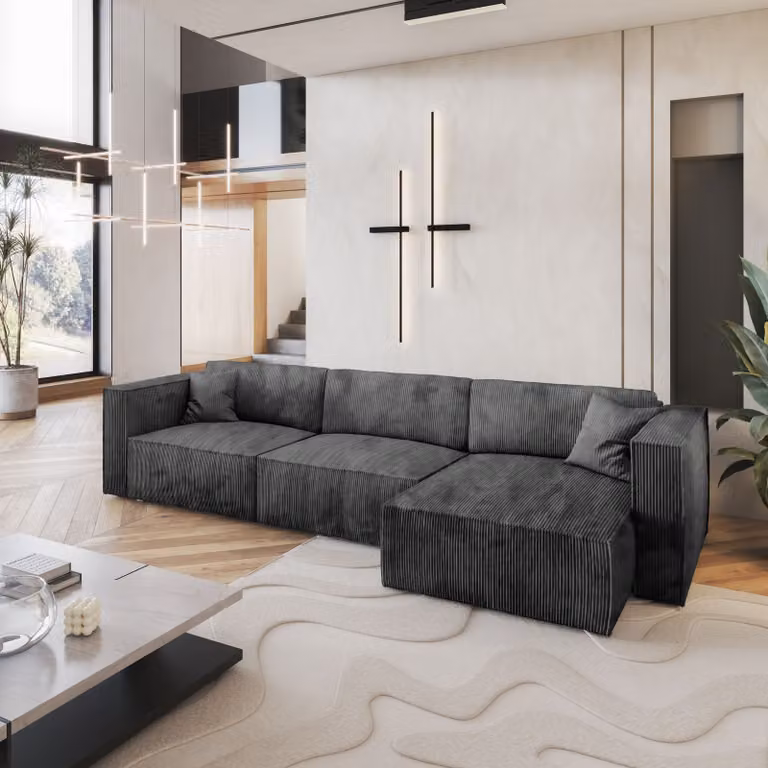 Divano angolare TOLMO P di Masseno con funzione letto a L, divano con box letto, divano da soggiorno, divano, divano letto, set di divani - grigio, POSO 34