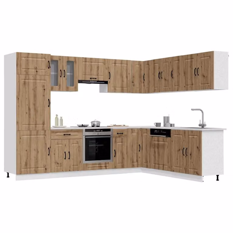 Set di mobili da cucina moderno vidaXL Kalmar composto da 14 pezzi in legno e MDF color rovere marrone con ante a battente e ripiani aperti