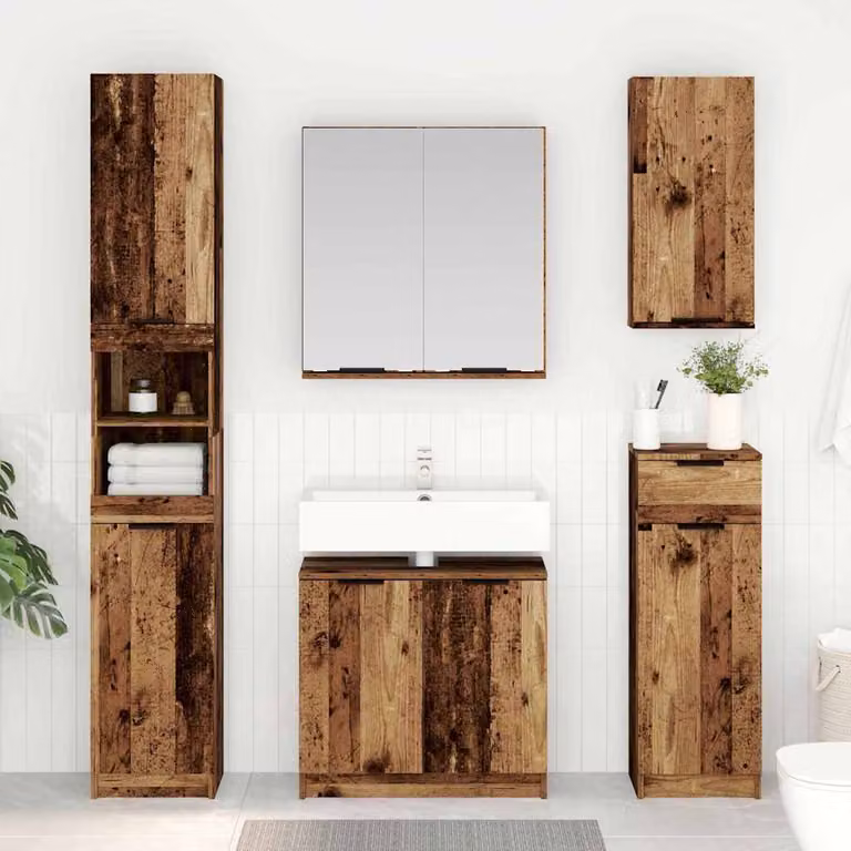 Set di 2 mobili da bagno vidaXL in legno marrone con specchio e pensili a parete