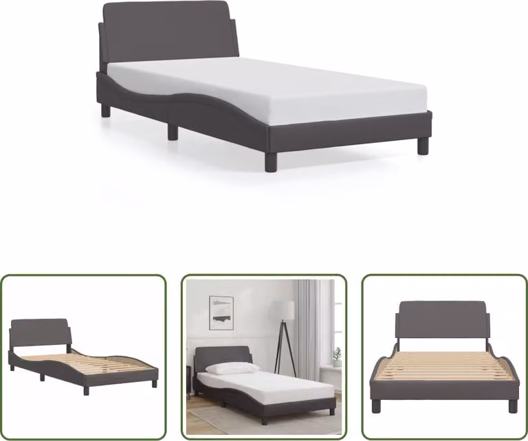 The Living Store Giroletto con testiera grigio 100x200 cm in ecopelle