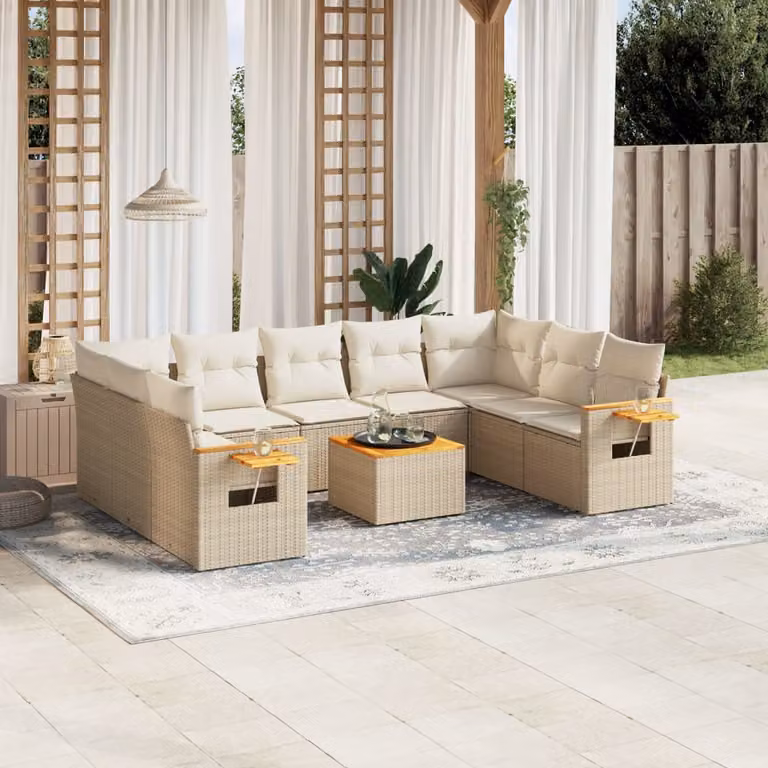 vidaXL Set Divano da Giardino 10 pz a forma di U in Polyrattan con Cuscini Beige e Tavolino da Esterno