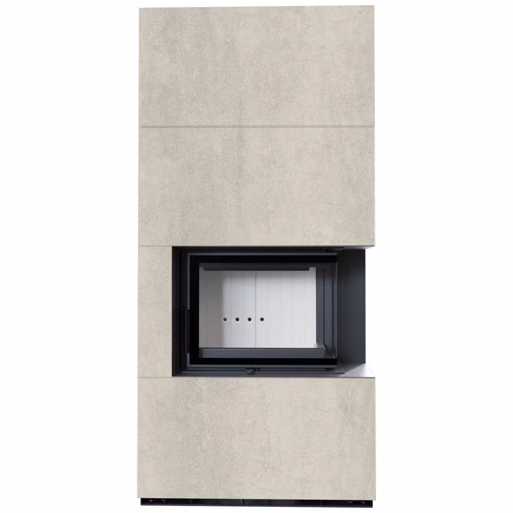 Kit camino KRATKI FLOKI BOX destro 8 kW Ø 160 quarzo sinterizzato NATURALI PIETRA DI SAVOIA PERLA BOCCIARDATA