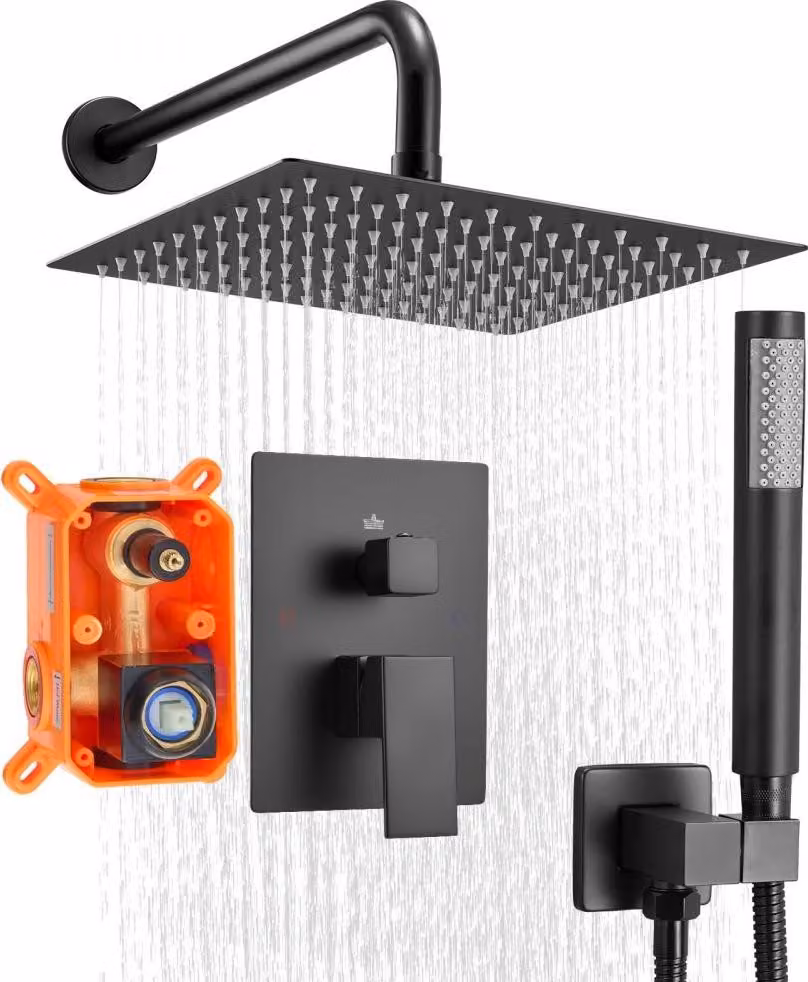 Sistema doccia quadrato con rubinetto nero opaco e soffione a pioggia da 254 mm