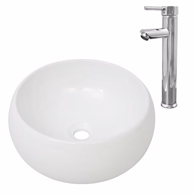 Lavello Bagno con Miscelatore in Vetroceramica Rotondo Bianco