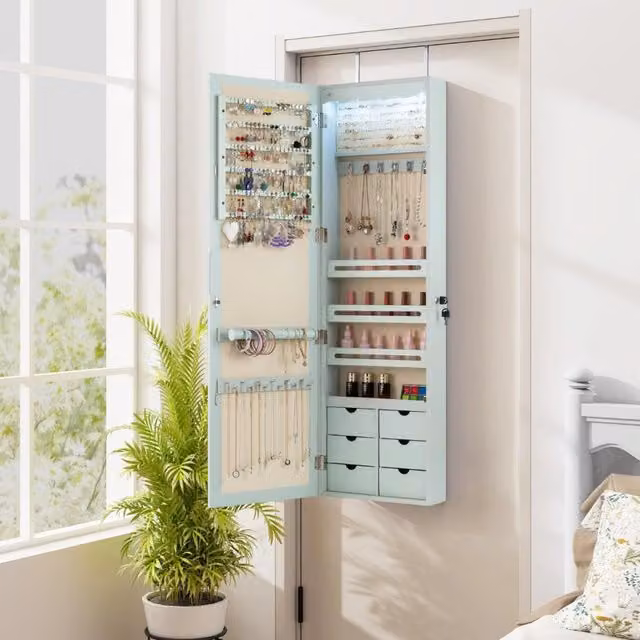 Armadio portagioie DESIGN IN in legno con specchio, 6 cassetti, serratura e 5 luci LED, colore verde