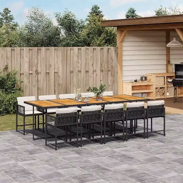 Set da pranzo da giardino vidaXL in polyrattan e legno di acacia da 11 pezzi con cuscini nero, marrone o bianco