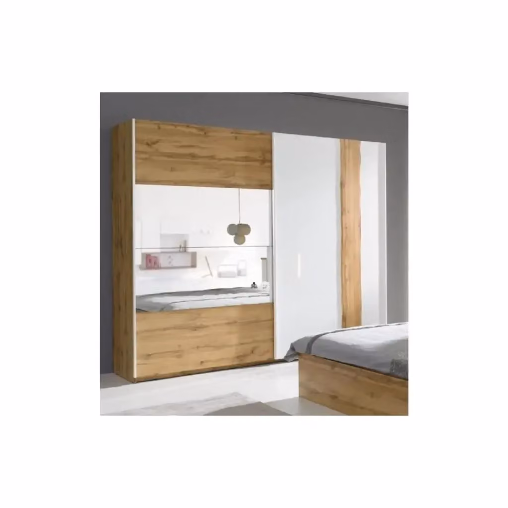 Armadio Wood Meublorama con 2 porte scorrevoli e specchio, colore quercia e bianco, H: 218 cm, L: 200 cm, P: 67 cm – 2