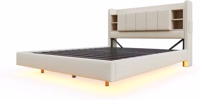 Letto imbottito matrimoniale 140x200 cm con testiera reversibile, USB integrata e illuminazione LED, struttura in metallo beige in lino