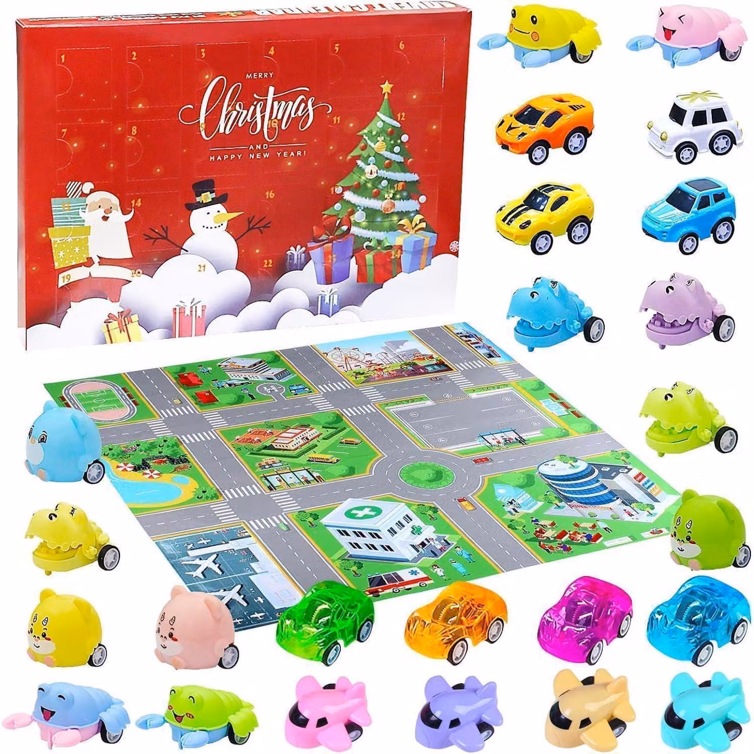 Calendario dell'Avvento con giochi di logica: 24 piccole auto con animali, ambientate in scene di traffico, adatte a ragazzi e famiglie