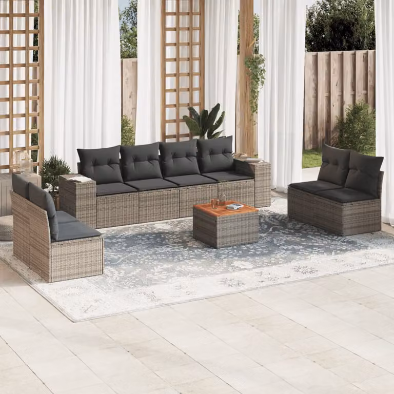 Set Divano da Giardino vidaXL 9 pz in Polyrattan Grigio con Cuscini e Tavolino