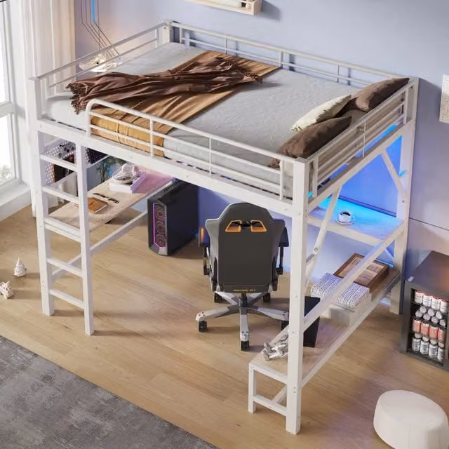 Desviae Letto a soppalco 160 × 200 cm con scrivania LED prese USB e Type-C ripiani pannello forato metallo bianco