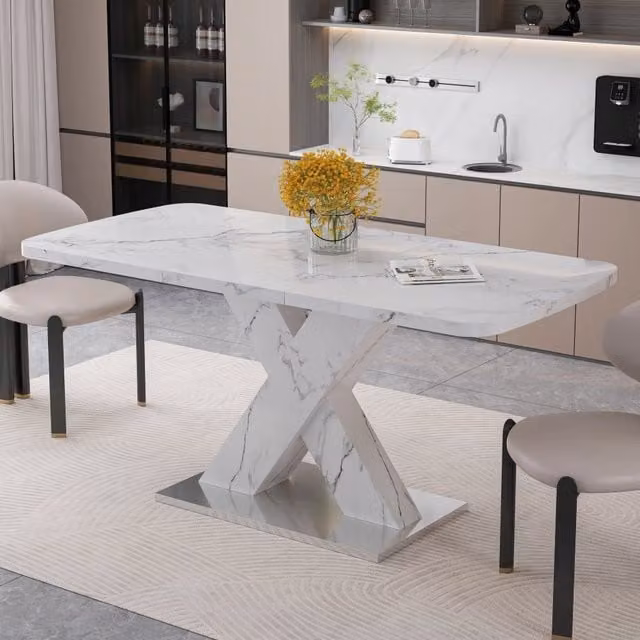 Tavolo da Pranzo Moderno Rettangolare 120-160 cm Allungabile, Piano Stampato Effetto Marmo Bianco, Gambe a X in MDF con Base in Metallo
