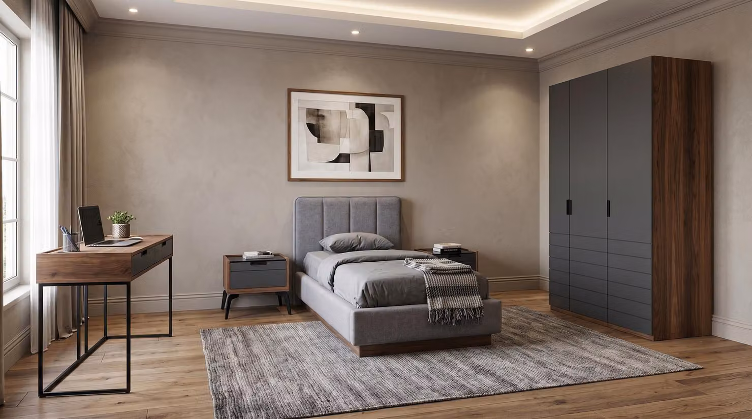 Set per camera da letto per ragazzi, stile moderno, composto da: letto, 2 comodini, scrivania, armadio, colore grigio