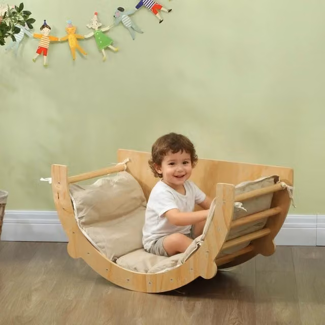 Arco da arrampicata 3 in 1 WISHDOR in legno beige e marrone con cuscino per bambini dai 18 mesi, portata massima 50 kg