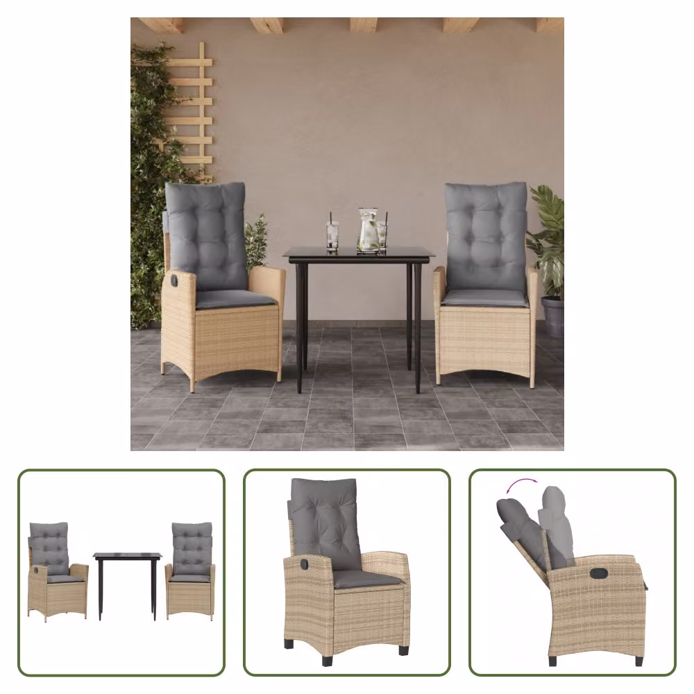 The Living Store Set da pranzo da giardino 3 pezzi con cuscini Beige poly rattan