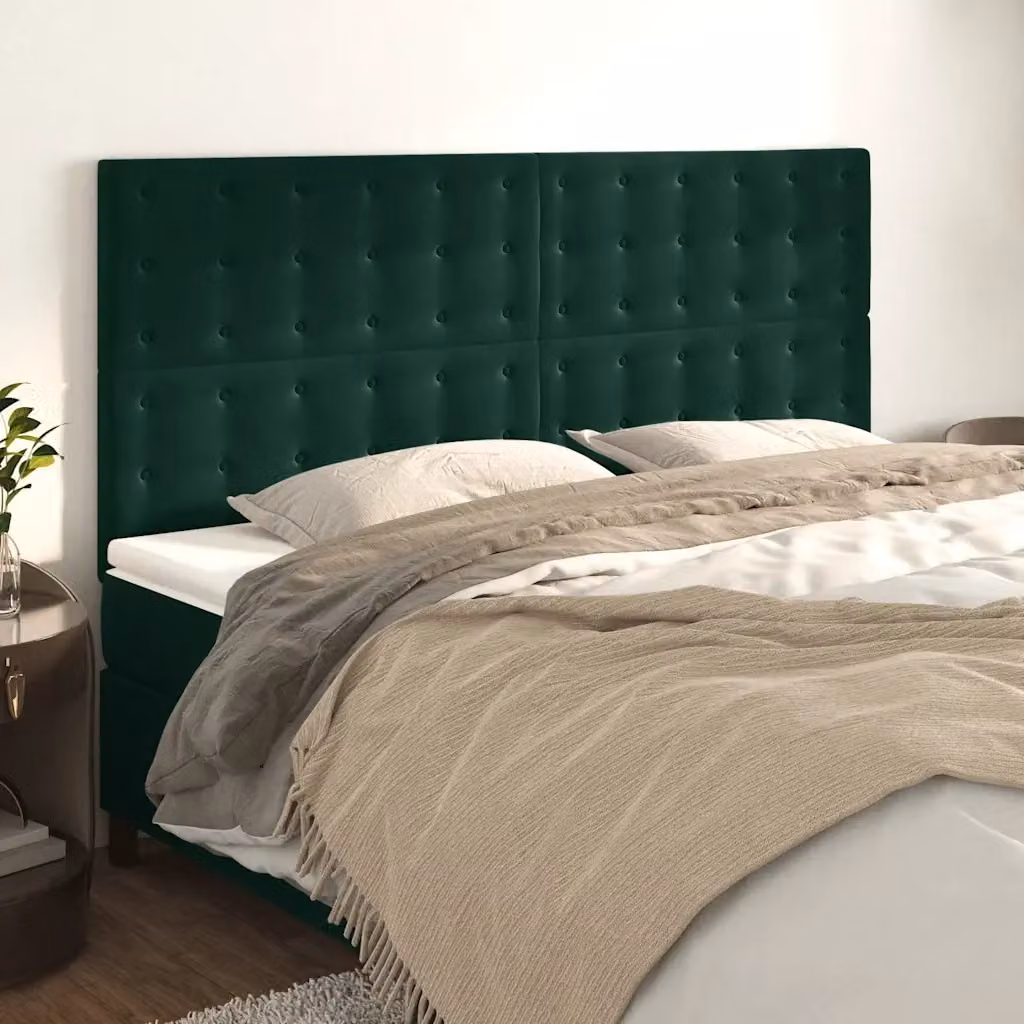 Testata per letto in velluto verde scuro con struttura in legno e MDF L: 200 cm, P: 5 cm, H: 118/128 cm – 2