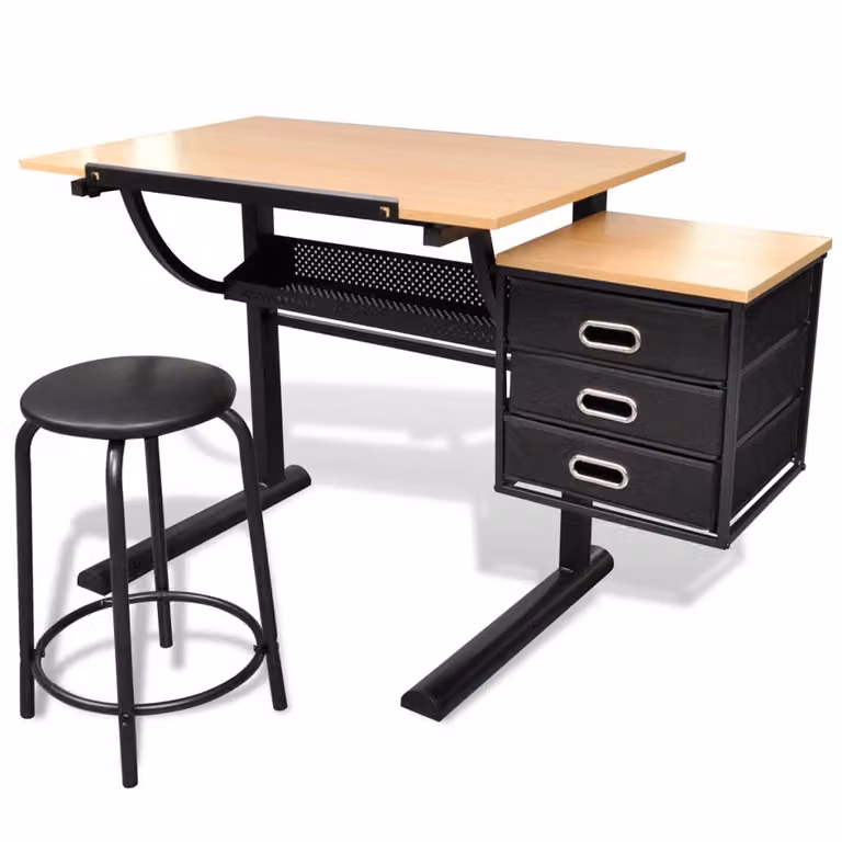 vidaXL Tavolo da disegno con piano inclinabile, 3 cassetti e sgabello