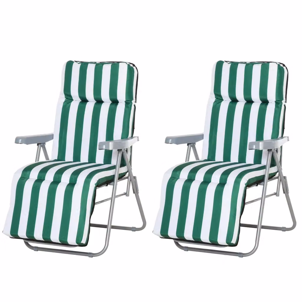 Set di 2 lettini da giardino pieghevoli Xylo in acciaio con cuscini a righe verde e bianco L/P/H: 120 x 60 x 75 cm, Altezza: 102 cm – 2