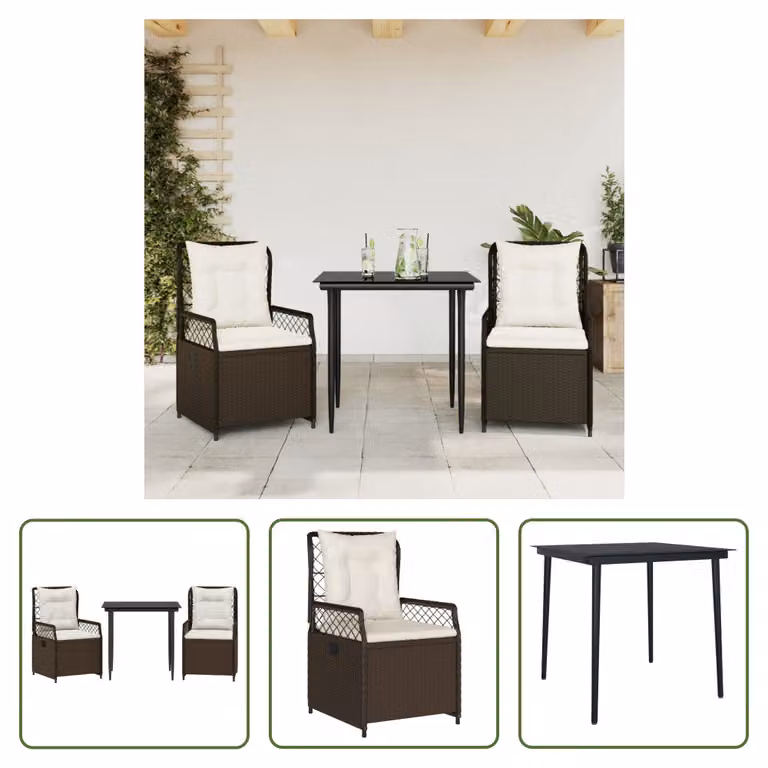 The Living Store Set da pranzo da giardino in 3 pezzi con cuscini in poly rattan marrone