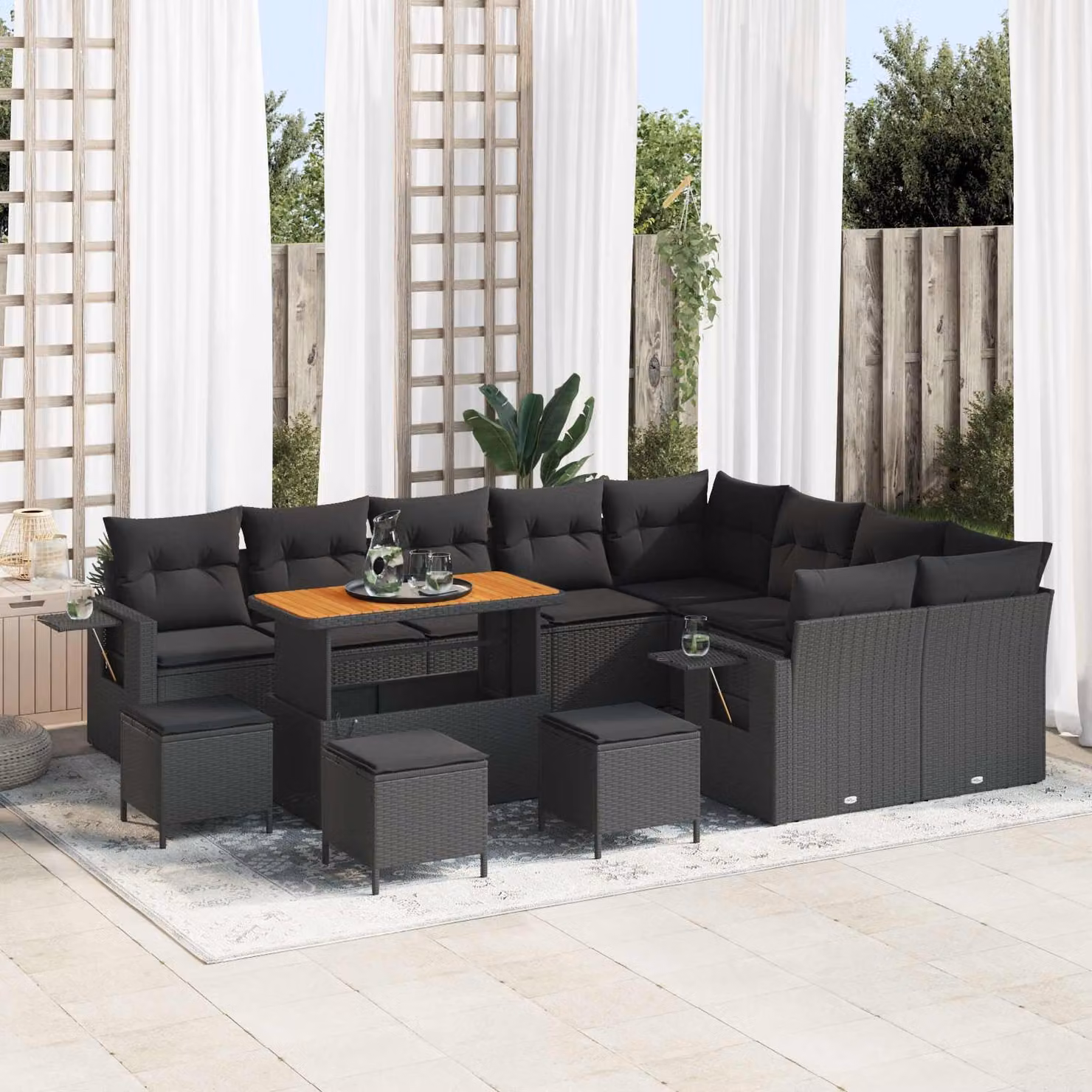Set Divano da Giardino vidaXL 13 Pezzi Nero con Cuscini e Tavolino in Polyrattan e Acciaio – 1