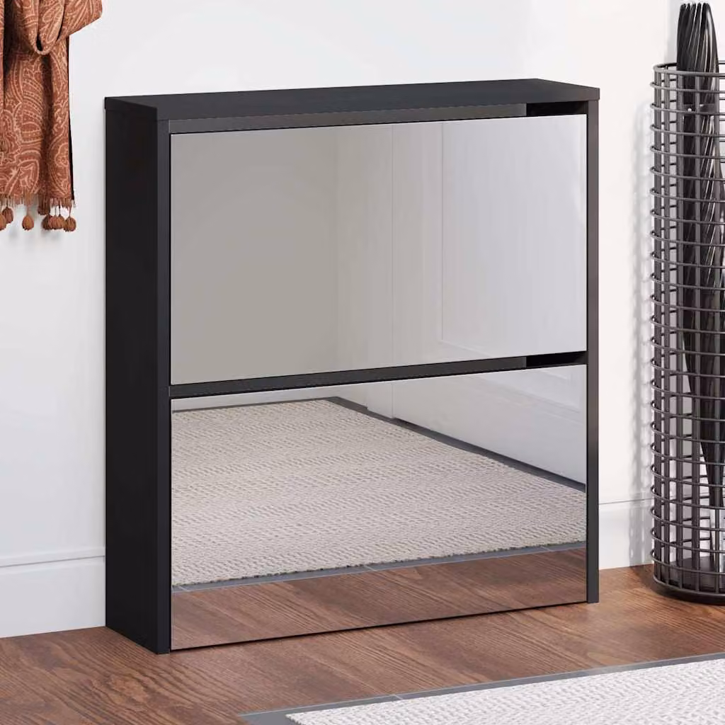 Scarpiera moderna vidaXL nera con specchio e scomparti basculanti, L: 63 cm, P: 17 cm, H: 67 cm