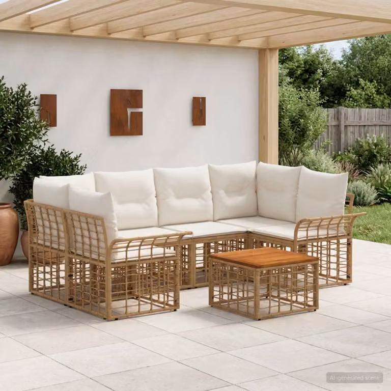 Set di divani da esterno vidaXL in polyrattan 7 pezzi con tavolo da caffè, colore beige e bianco crema