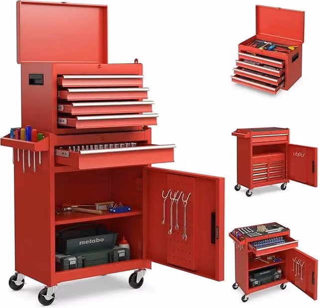 Cassettiera Portautensili COSTWAY con 4 Cassetti, Carrello per Attrezzi con Ruote Bloccabili e Ripiano Regolabile, L/P/H: 59 x 28 x 102 cm, Rosso – 1