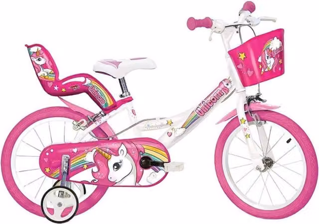 Bicicletta per bambina Dino Bikes Unicorn da 16 pollici in metallo bianca e rosa