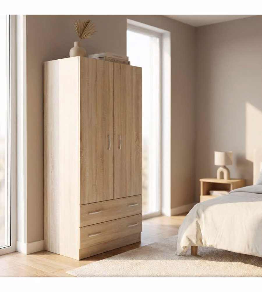 Armadio Cosma con 2 Ante e 2 Cassetti in Quercia Chiaro, Design Moderno, L: 80 cm, P: 52 cm, H: 180 cm