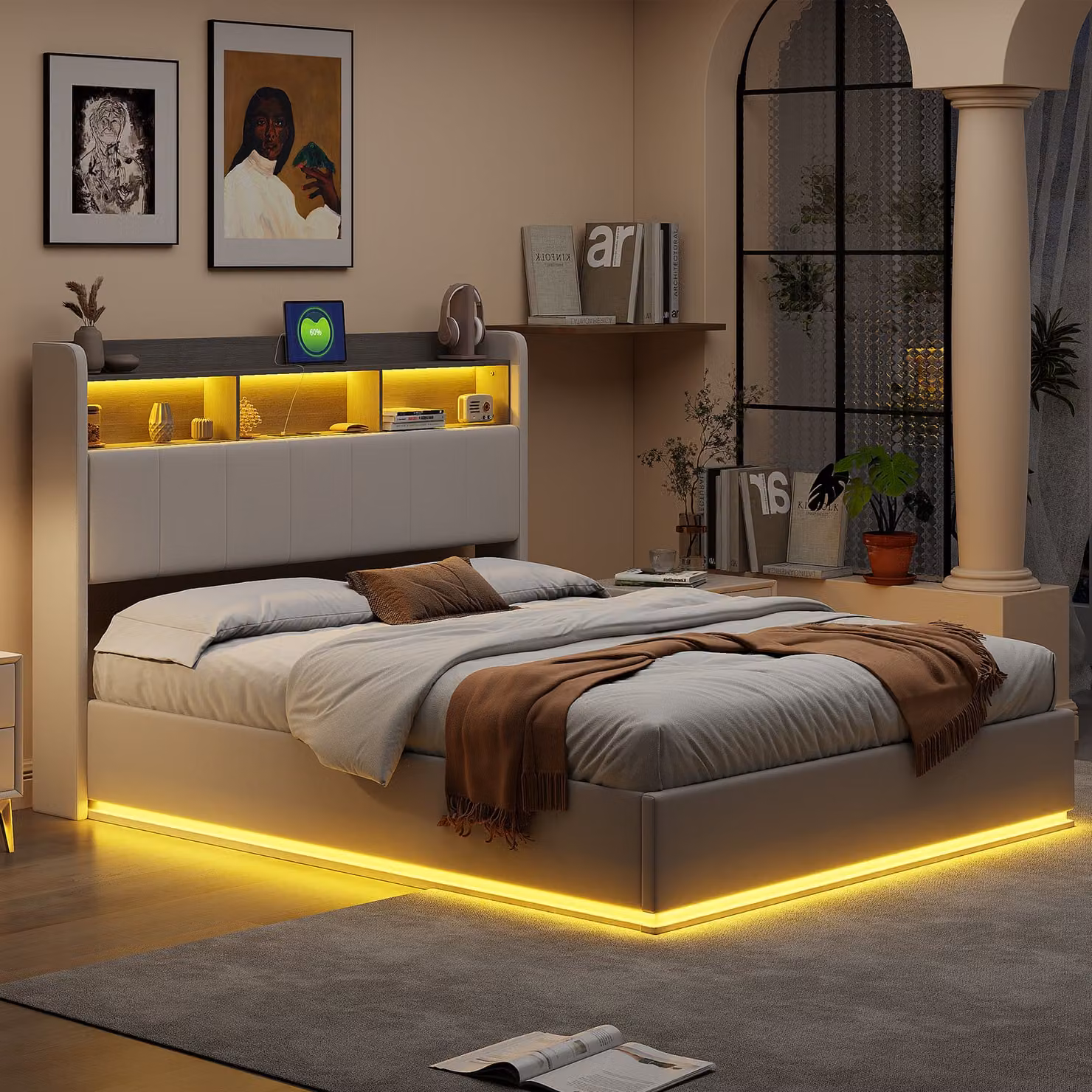 CDGlobal letto imbottito letto in legno massiccio 140x200cm con USB, letto giovanile letto matrimoniale con rete a doghe e contenitore, letto contenitore con LED, bianco