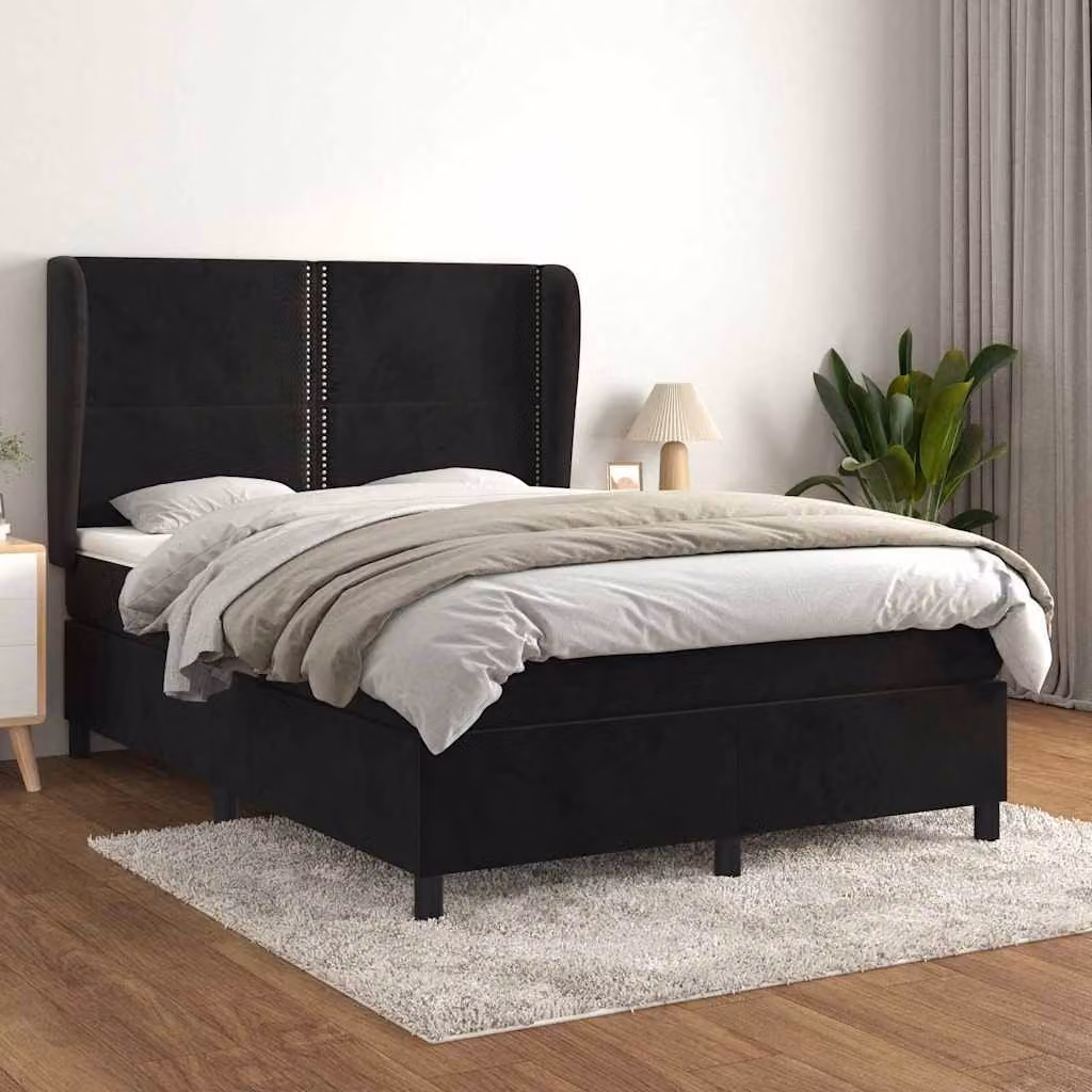 vidaXL Letto Ibrido con Giroletto a Molle e Materasso in Velluto Nero, L/P/H: 140 x 200 cm
