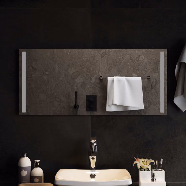 Specchio da bagno moderno vidaXL con luce LED in vetro temperato, L: 90 cm, P: 40 cm, colore grigio e trasparente