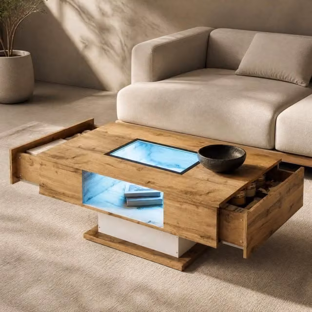 Tavolino da salotto moderno MODFU con piano in vetro e meccanismo di sollevamento, bianco e legno – 1