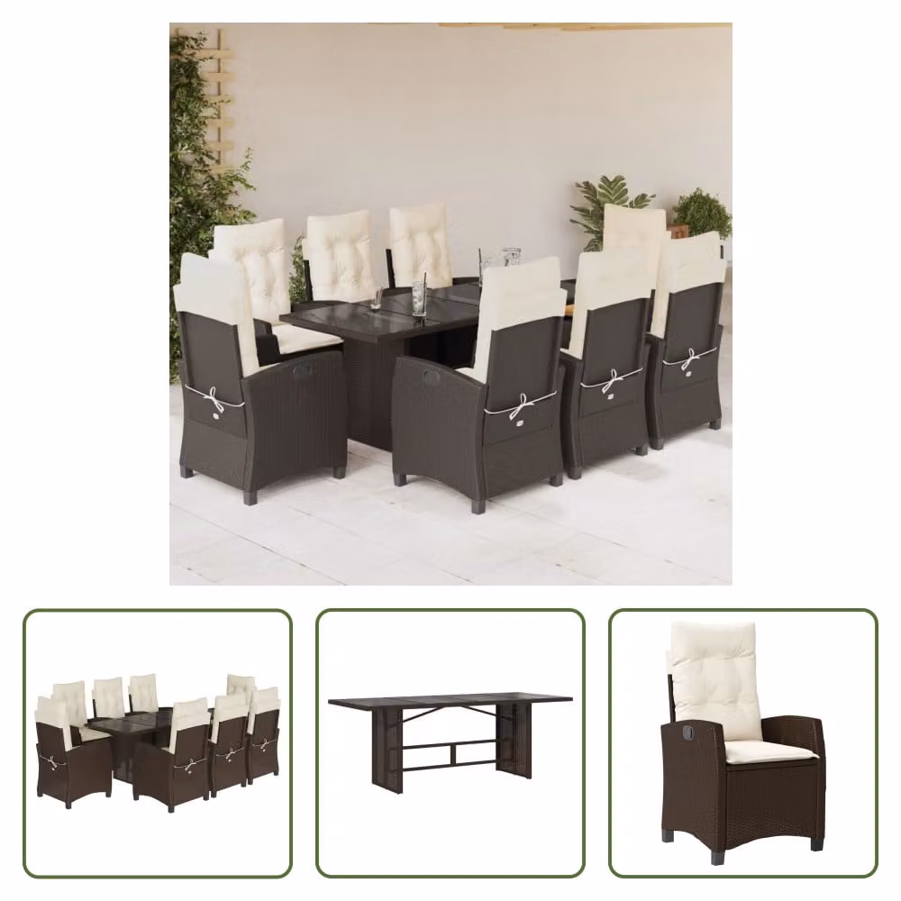 The Living Store Set da pranzo da giardino 9 pezzi con cuscini in polirattan marrone